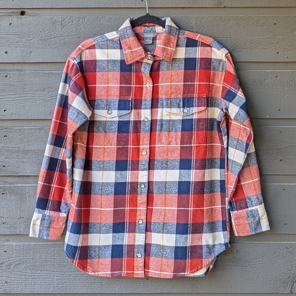 Natural Reflections Heavyweight Long Sleeve Flannel Shirt Small Navy Blue Orange